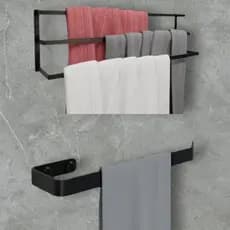 kit 2 peças para banheiro preto fosco, toalheiro triplo e porta toalha de rosto