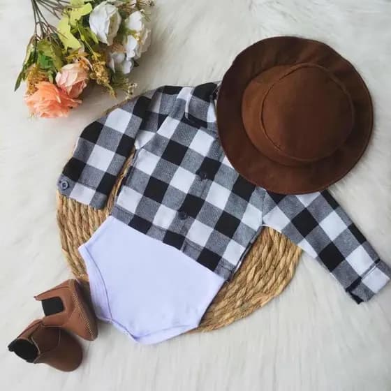 Body Xadrez Manga Longa Bebê Menino Festa Junina São João Preto e Branco