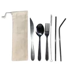 (7 ITENS) Kit ecológico portátil de talheres inox (colher, garfo, faca, 2 canudos, escovinha e capinha)