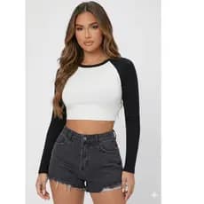 Cropped Raglan Manga Longa Feminino Blusa Bicolor Americana
