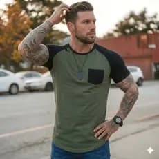 Camiseta Raglan Masculina Bicolor Com Bolso Casual Long Line