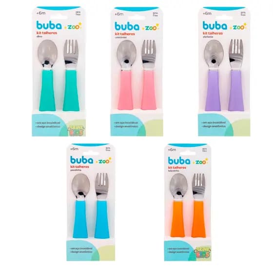 Kit Talheres Infantil Bubazoo Bebê Garfo Colher Em Inox Buba