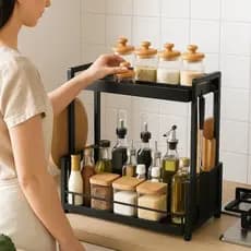 Organizador Metal Cozinha Preto Prateleira Suporte Armazenamento Bancada Potes Tempero Rack Gancho