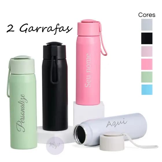 Kit 2 Garrafas Alumínio 600 ml Personalizada Fosca com Tampa Rosqueável e Alça