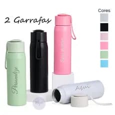 Kit 2 Garrafas Alumínio 600 ml Personalizada Fosca com Tampa Rosqueável e Alça