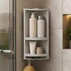 Porta Shampoo Condicionador Sanonete Cinza Branco Suporte Preteleira Box Banheiro 2 Andares Gancho