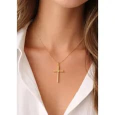 Colar Feminino Cruz Dourada Delicada 45cm Pingente Minimalista Elegante Presente Moda Tendência Feminina