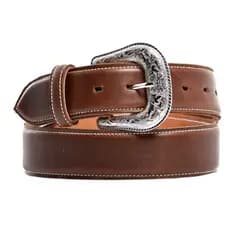 Cinto Country Pinhão  Caramelo em Couro Ecológico Forrado e Costurado Fivela em Metal Prata Costurado