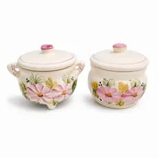 Kit Pote Mantimentos Cerâmica Decorativa 2 Peças Com Tampa Apto para Micro-ondas Cozinha Fofa Artesanal
