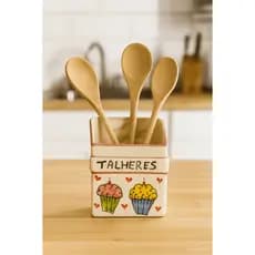 Porta Talheres em Cerâmica Decorado 16x12cm Utensílios de Cozinha Organizador