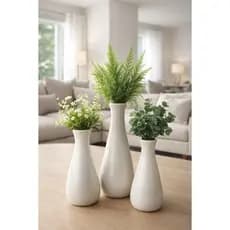 Trio Vaso Garrafa Off White em Cerâmica Decorativa Plantas Artificiais