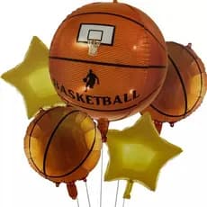 Kit 5 Balão Metalizado Bola Basquete Decorativo + Balão Estrela Dourado 45cm Festa Decoração