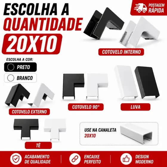 Acabamento de Canaleta Branca 20x10mm Branca ou Preta Cotovelo Luva de Emenda Te Curva Interna