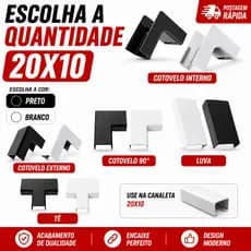 Acabamento de Canaleta Branca 20x10mm Branca ou Preta Cotovelo Luva de Emenda Te Curva Interna