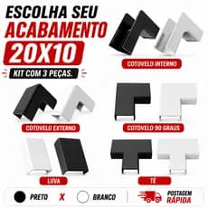 3 Pçs Acabamento Canaleta 20x10mm Emenda Conectores PVC Luva Tê Cotovelo Branca ou Preta