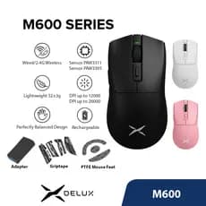 Delux Série M600 Rato De Jogos Recarregáveis Com E Sem Fio DPI MAX 26000 PAW3395 PAW3311 52g Design Superleve Centralizado Em Massa Para PC/Laptop/Windows