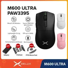 Delux M600 ULTRA PAW3395 Rato De Jogo DPI MAX 26000 Com Fio 2.4G Sem Recarregável 52g Design Superleve Centralizado Em Massa Para PC/Laptop/Windows