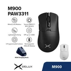 Delux M900 PAW3311 Mouse Para Jogos DPI MAX 12000 Wired 2.4G Sem Fio Recarregável Com Dock De Carregamento RGB 63g Design Ergonômico Assimétrico Ultra-Leve PC/Laptop/Windows