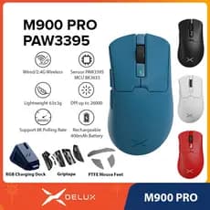 Delux M900 PRO PAW3395 Mouse Para Jogos Azul DPI MAX 26000 Com Fio 2.4G Sem Recarregável Base De Carregamento Magnética