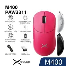 Mouse Ergonômico Para Jogos DELUX M400 De 3 Modos-Sensor PAW3311 , 24000 DPI , 71g Ultraleve , Com Fio/2.4G/BT 5.3 , Tax