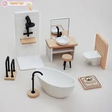 SuperToys Dollhouse Bathroom Furniture Set, 1/12 Scale Washbasin, Tub, Toilet Miniatures DWS