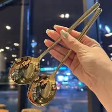 RGN Aço Inoxidável Cabeça Grande Colher Redonda Net Vermelho Dourado Jantar Alça Longa Mexendo Colheres De Sobremesa Par