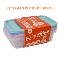 Kit de 3 Potes Herméticos Reforçados com Tampa Dup 785ml, 1.2L ou 1.85L BPA FREE Micro-ondas Freezer Lava Louças