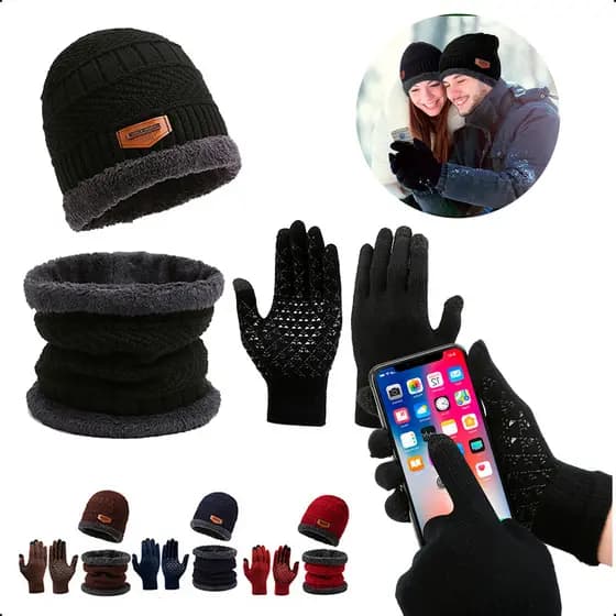 Kit Touca Gorro + Cachecol Echarpe Lã + Luva Touch Celular