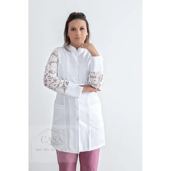 Jaleco Feminino Branco Com Manga De Renda Tecido Microfibra ref:30