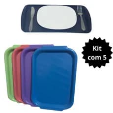 Kit 5 Bandejas Plastica Pequena 36x24,5cm Servir Refeição Buffet Fast Food Sorveteria Cafeteria Hamburgueria Restaurante