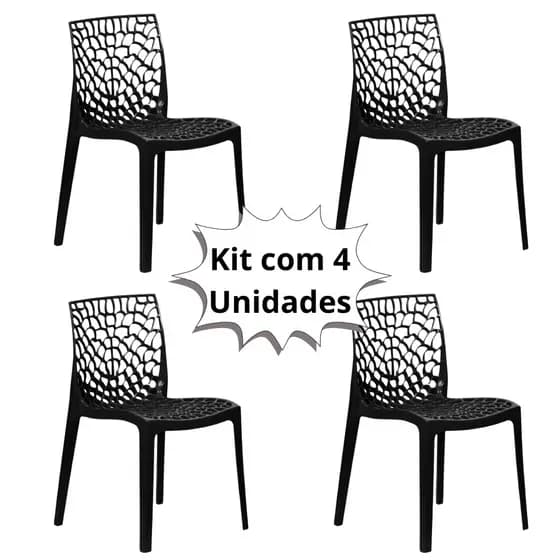 Kit 4 Cadeira Para Mesa de Jantar Gruvyer Polipropileno Vazado Coral Eco Preta Casa Cozinha Decoração Recepção Polyplast