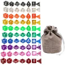 Kit 70 Dados para RPG de Mesa Translúcido D4 D6 D8 D10 D10% D12 D20 + 1 Bolsa