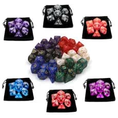 Kit 7 Dados RPG de Mesa + 1 Bolsinha (D4 D6 D8 D10 D10% D12 D20) | VÁRIAS CORES E MODELOS
