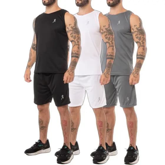 Kit 3 ou 2 Regatas masculina Dry fit + 3 ou 2 Bermudas masculina Academia - Conjunto