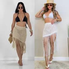 Saia de Praia Saida de Praia Piscina franjao Moda Praia Tricot Crochê