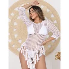 Vestido Saida de Praia Maresias Tricot Crochê Moda Praia Franjas Manga Longa