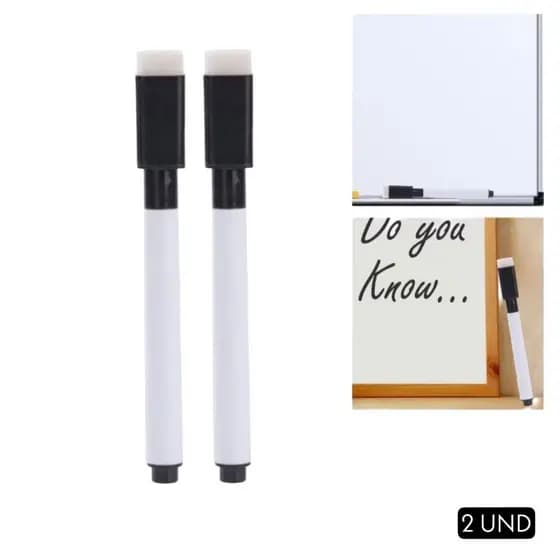 2 Canetas Para Quadro Branco Com Apagador E Imã - Tinta Preta Tampa Preta