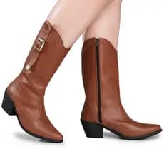 Bota Texana Via Angel Feminina com Fivela Country Bico Fino Cano Alto Confortável 9001.