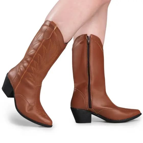 Bota Texana Feminina Western Country Rodeio Boiadeira Bico Fino Cano Alto Confortável Via Angel 9002