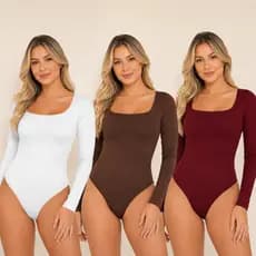 Kit 3 Body Feminino Manga Longa Body Decote Quadrado Bory Poliamida Inverno Body Elegante