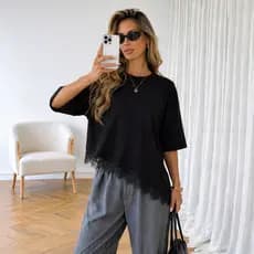 BLUSA FEMININA OVERSIZED DE RENDA BLUSA ASSIMÉTRICA BLUSA FEMININA ESTILOSA T SHIRT FEMININA ALGODÃO
