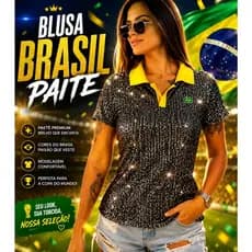 Blusa Paite Preto Brasil Gola Copa do Mundo Feminina