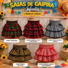 Saia infantil Menina Festa 3 Babados Junina Caipira São João Arraiá Feminina Criança