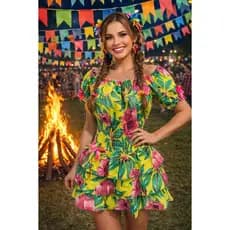 Vestido Adulto Caipira Florido Festa Junina Amarelo