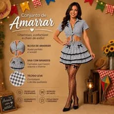 Conjunto Blusa e Saia Adulto Caipira Festa Junina Xadrez Preto e Branco