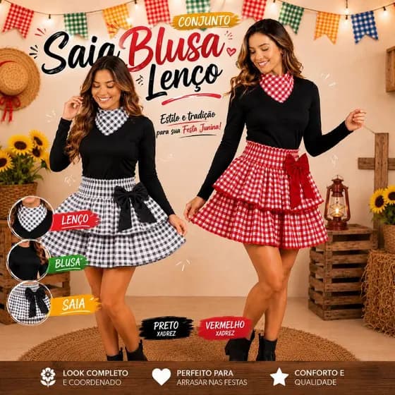 Conjunto Saia Blusa e Lenço Feminino Adulto Festa Junina Xadrez Caipira São João Arraia