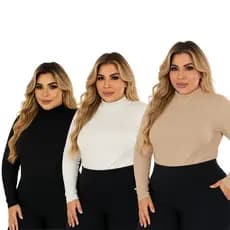 Kit 3 Blusa Feminina Plus Size Manga Longa  Gola Alta Canelada Tecido Premium GG ao G3