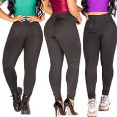 Kit 3 Calças Feminina Legging Leg Montaria Bolso Faca + Bolso Ziper + Levanta Bumbum Cós Alto Cintura Alta