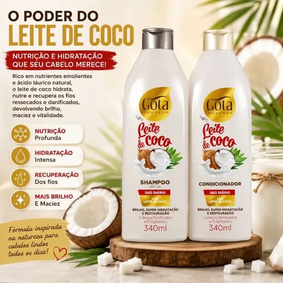 Kit Shampoo + Condicionador 340ml Uso Diário Leite de Coco Gota Dourada