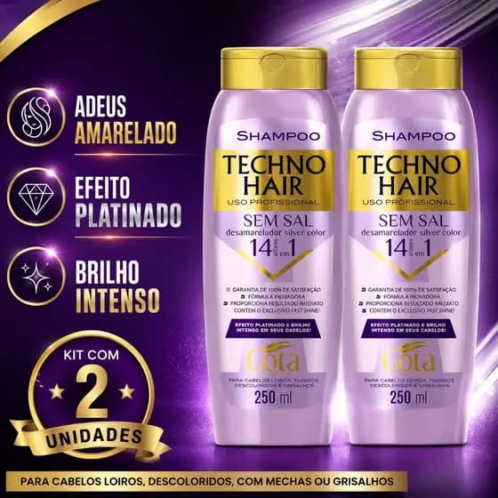 Kit 2un Shampoo Techno Hair Silver Color Desamarelador Matizante Gota Dourada 250ml cada
